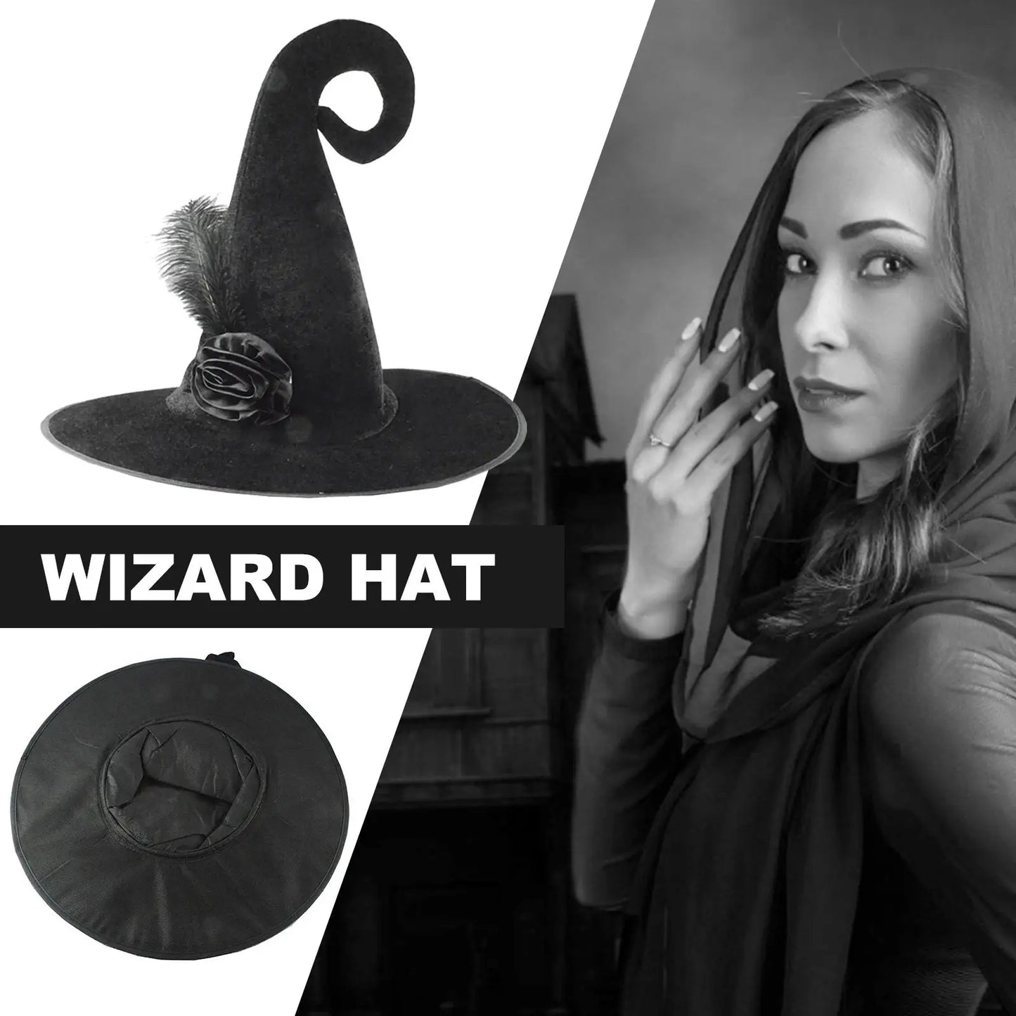 Halloween Wide Brim Witch Hat with Feather Rose Cosplay Wizard Caps Versatile for Women Men Masquerade Party