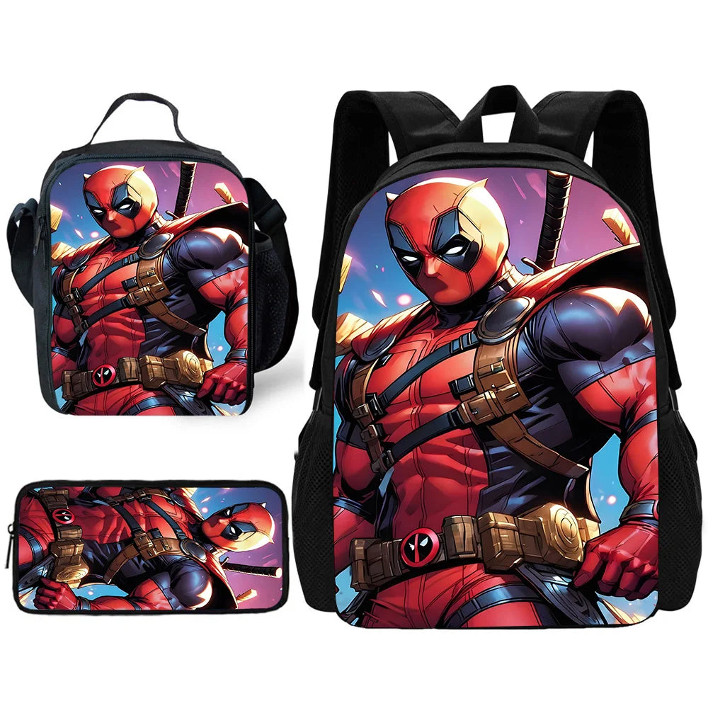 Child Schoo Deadpools Super Heroes Backpack with Lunch Bags ,Pencil Bags ,School Bags for Boys Girls Best Gift