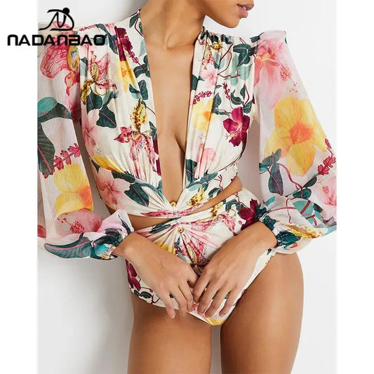 Nadanbao Sexy Bodysuit Swimsuit Women Hollow Out Two-Piece Bikini Set Female Long Sleeve Floral Print Fashion Surfing Beachwear