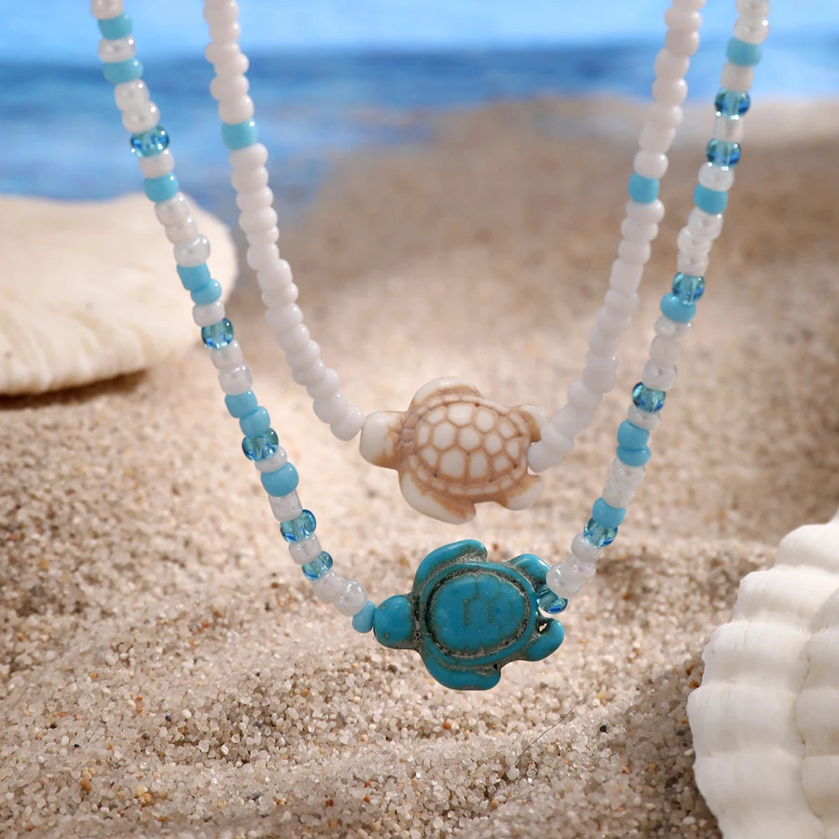 Salircon Trend Charm Acrylic Turtle Sea Star Double Layer Necklace Boho Seed Beads Beaded Short Necklace Women's Beach Jewelry