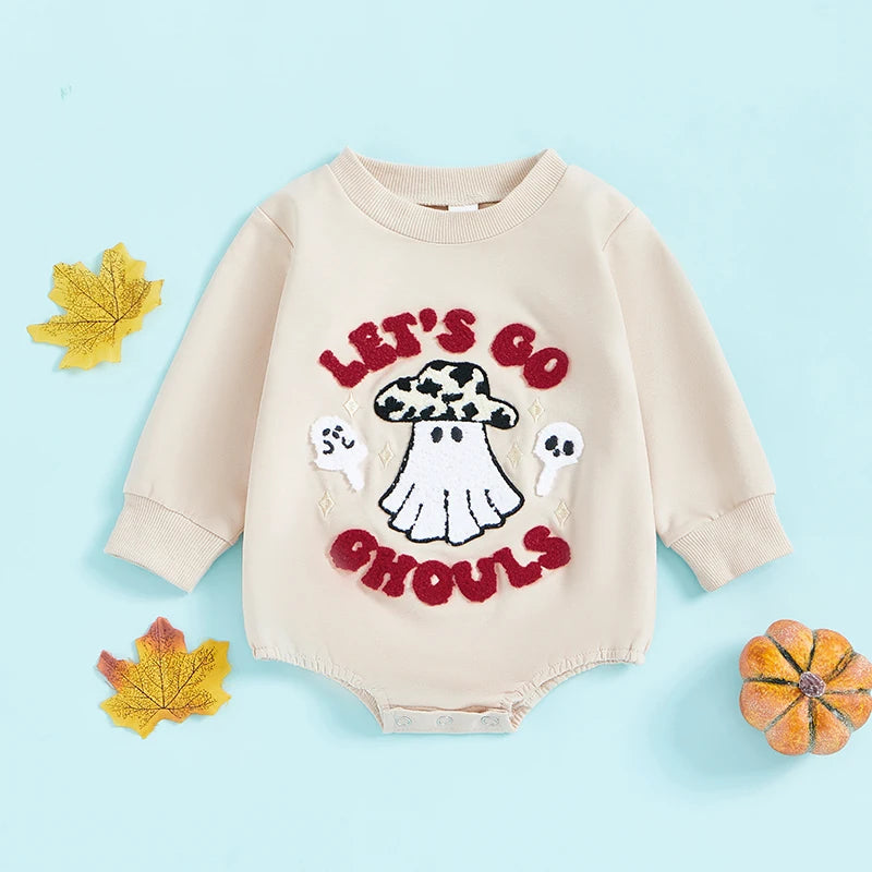 0-12M Baby Girls Halloween Rompers Letter Ghost Embroidered Patchwork Long Sleeve Round Neck Fall Cotton Bodysuits Jumpsuits