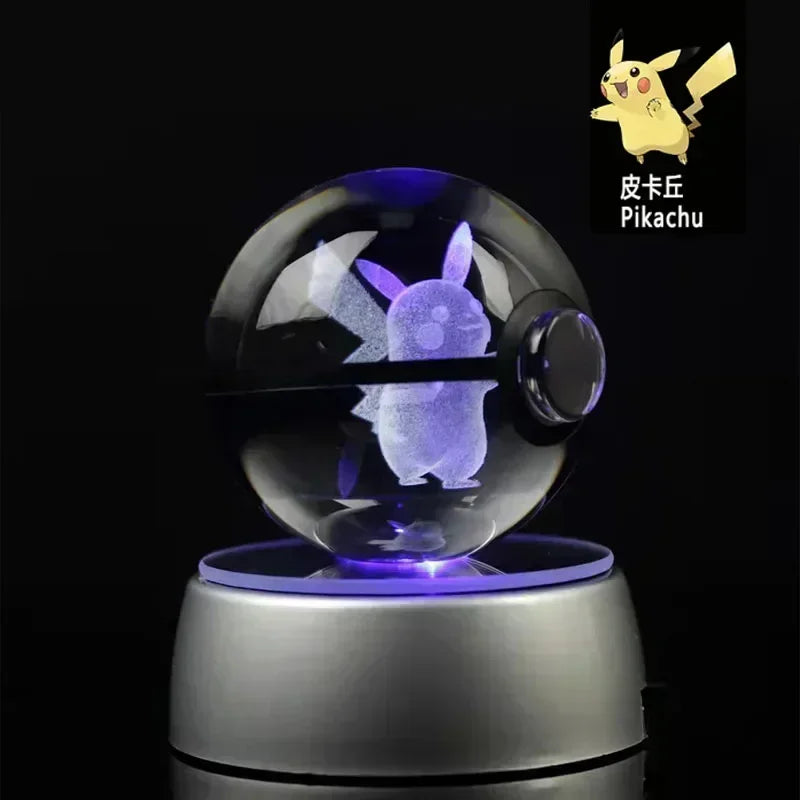 Pokemon 3D Crystal Ball Pikachu Figure Pokeball Engraving Crystal Charizard Model with Led Light Base Toys Anime Christmas Gift