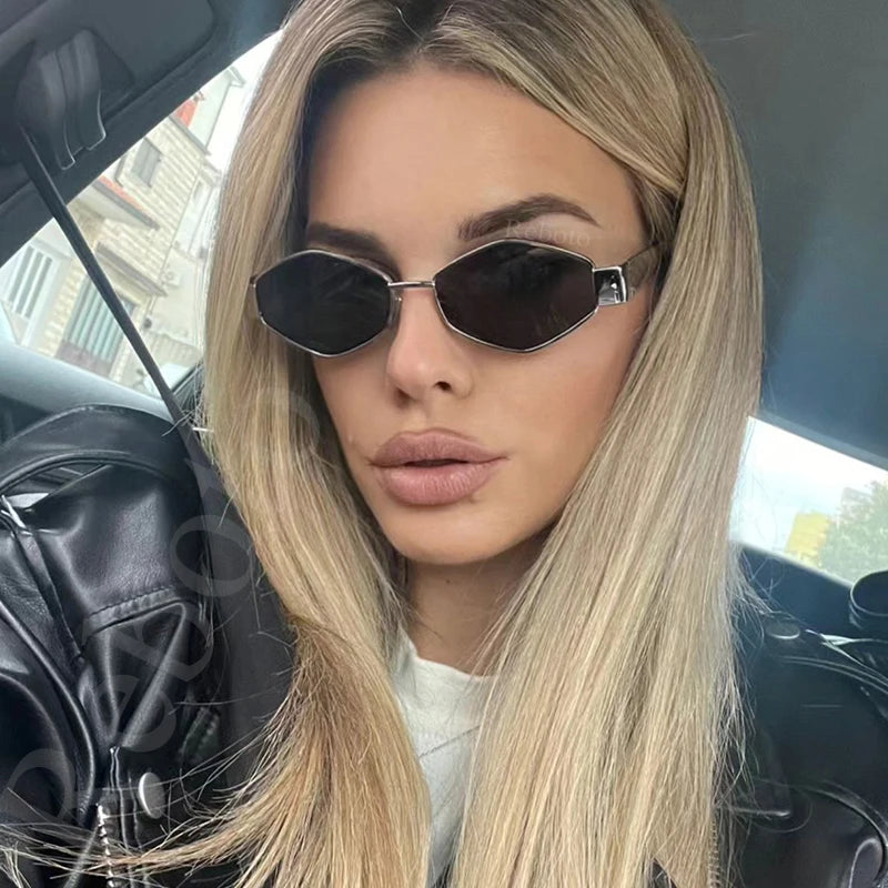 Metal Small Frame Polygonal Women's Sunglasses Fashion Punk Rhombus Sun Glasses For Women Trendy 2024 Vintage Diamond Eyewear