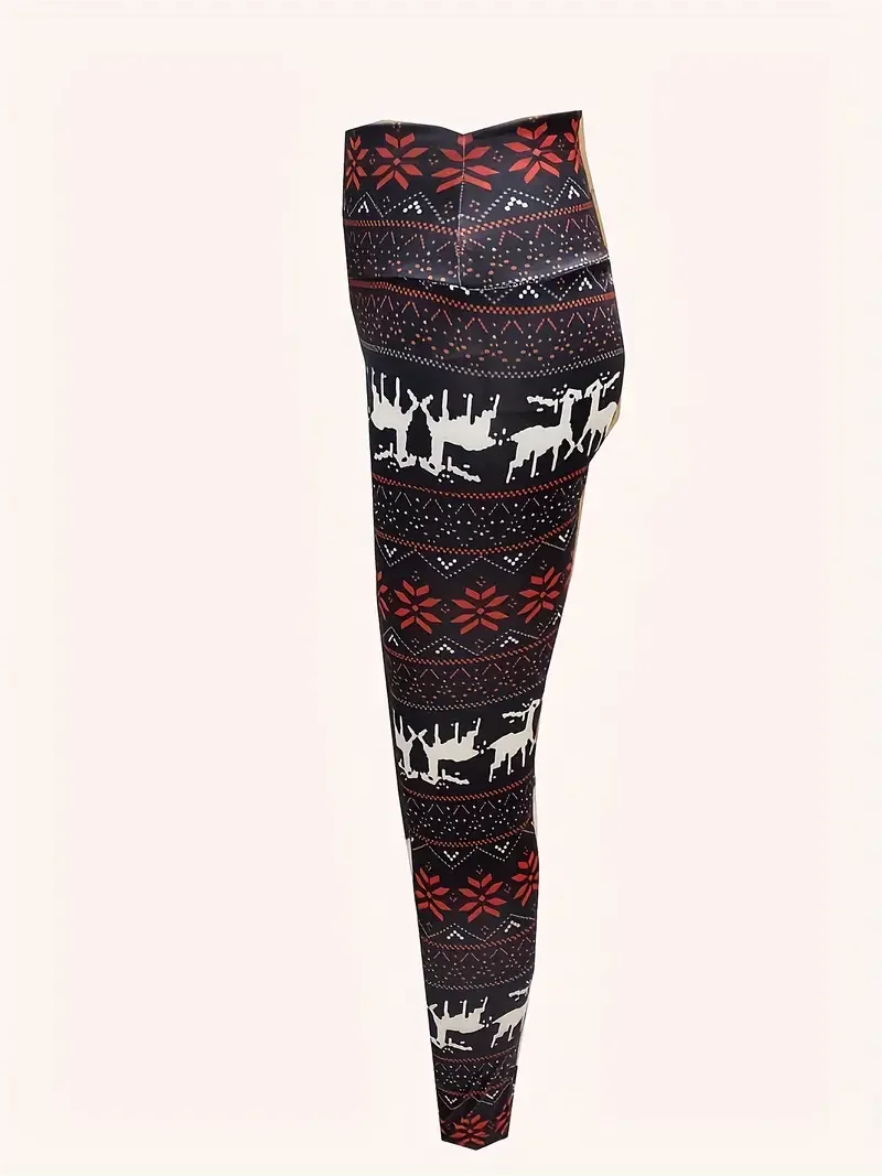 Christmas Elk & Snowflake Print Skinny Leggings  Vintage High Waist Stretchy Leggings Women's Clothing