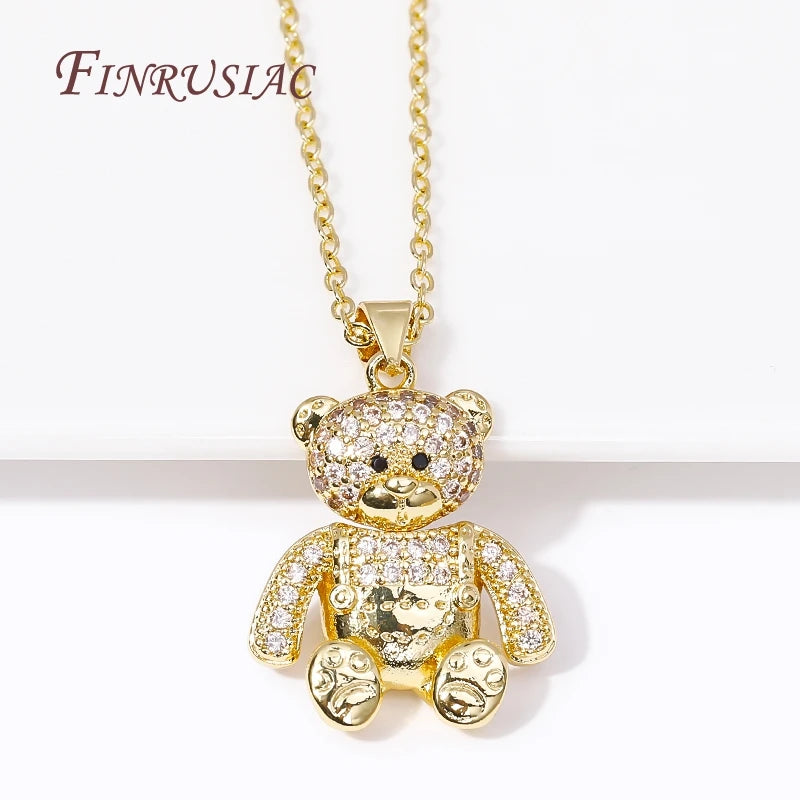 Fashion Creative Pendants Necklace Female 18K Gold Plated Pave Zircon Animal Bear Charms Necklaces for Women Christmas Gifts