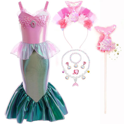 Disney Halloween Festival Mermaid Ariel Cosplay Dress for Girl Christmas Carnival Pink Pearl Inlay Clothing Ball Gown Dress Suit