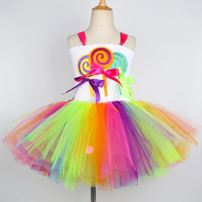 Rainbow Candy Lollipop Costume for Girls Birthday Party Tutu Princess Dress Ball Gown Kids Carnival Christmas Halloween Clothes