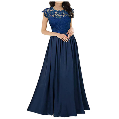 Elegant Lace Evening Party Dress Women V-neck Short Sleeve Chiffon Dress Ladies Big Swing Wedding Long Dress Vestidos de Festa