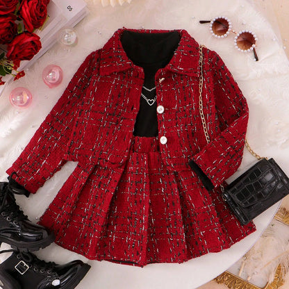 Girls Clothes Sets 4Y,5Y,6Y,7Y Plaid Coats Long Sleeved Ribbed Three Piece Outfits Children Clothes