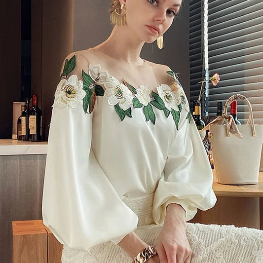 Autumn Mesh Patchwork Long Lantern Sleeve Shirt Spring Embroidered Satin Blouse O-neck Tops Women's Clothes Elegant New 24976