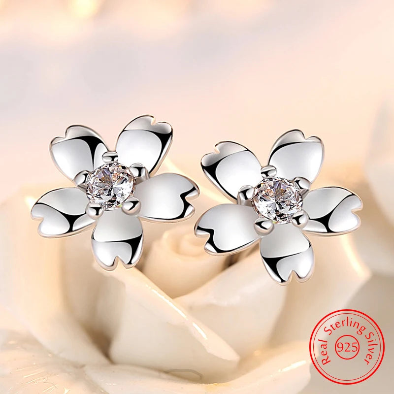 925 Sterling Silver New Jewelry Crsytal Zircon Flower Stud Earrings For Women Fashion XY0237