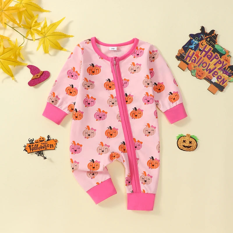 VISgogo Baby Girl Halloween Romper Pumpkin Print Zipper Front Long Sleeve Crew Neck Full Length Jumpsuit Newborn Fall Clothes