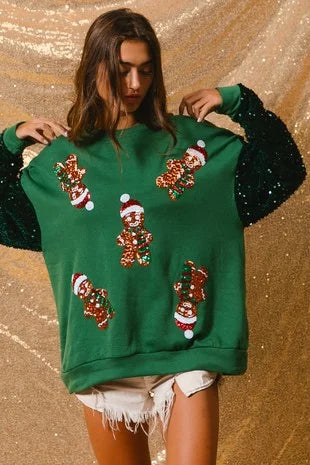 2025 Winter New Santa Claus Christmas Tree Soldier Pattern Sequins Loose Pullovers Tops Fashion Long Sleeve Tshirt Sweatshirt