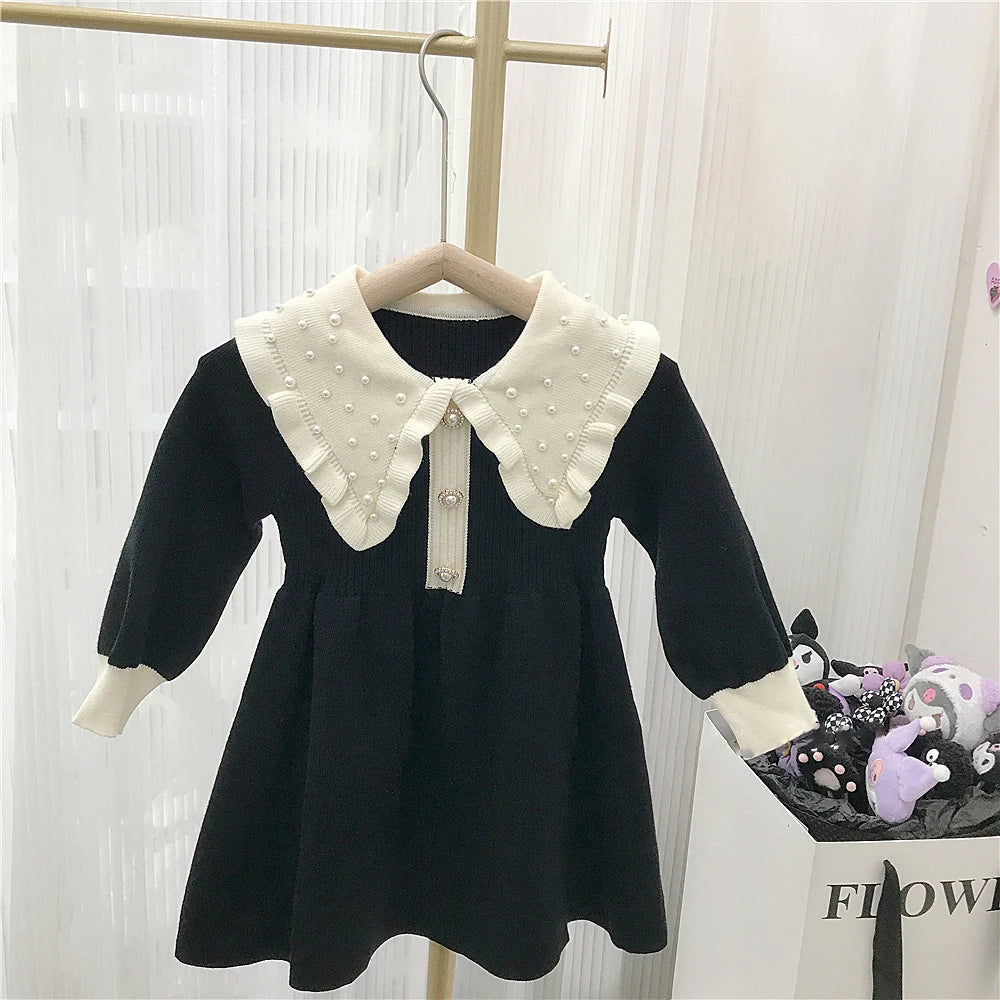 Girls Sweater Dresses Autumn Winter Kids Merry Christmas Pearl Beading Peter Pan Collar Long Sleeve Red Knitted Sweaters Dress