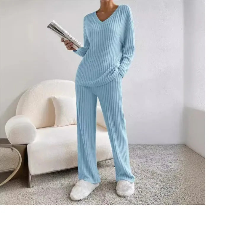 Women's Pajamas Home Wear Autumn Winter Casual Straight Pants Rib Pullover Sleepwear Loose V Neck Knitted Two Piece Loungewear