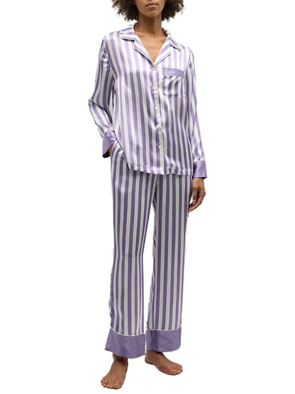 Women Striped Pajama Set Elegant Long Sleeve Top with Pants Sleepwear Loungewear