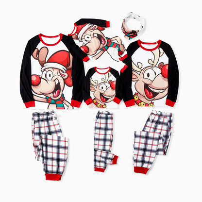 PatPat Christmas Pajamas Outfits Matching for Family Raglan Sleeves Quirky Reindeer Graphic Plaid Pants Pjs Sets