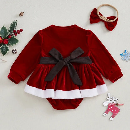 Baby Girls Christmas Jumpsuit Newborn 3D Bow Long Sleeve Velvet Bodysuits Girls Romper Headband Outfits Clothes