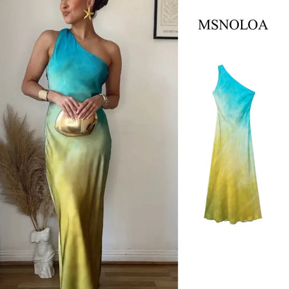 Gradient Long Dress Women Elegant One Shoulder Sleeveless Party Dress Female 2024 Summer Backless Tie-dye Lady Mermaid Robe