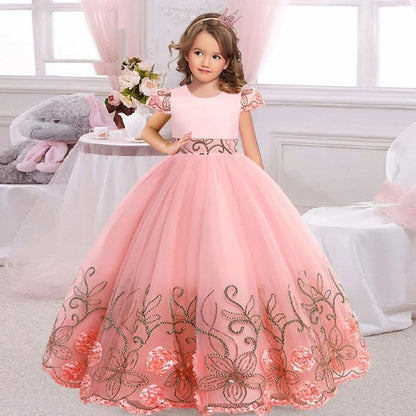 Girls lace sequin princess dress 2024 new children's embroidered bow puffy dress carnival birthday Christmas performance clothin