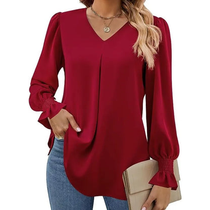 Women's New Solid Color Chiffon Shirt V-neck Pullover Flared Long Sleeved Top Shirt Office Lady Elegant Khaki Loose Blouses