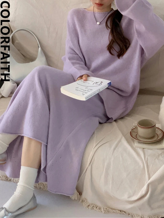 Colorfaith WS9017JX New 2023 Vintage Sets 2 Pieces Elegant Lady Knitting Pullovers With Long Skirts Autumn Winter Women Suits