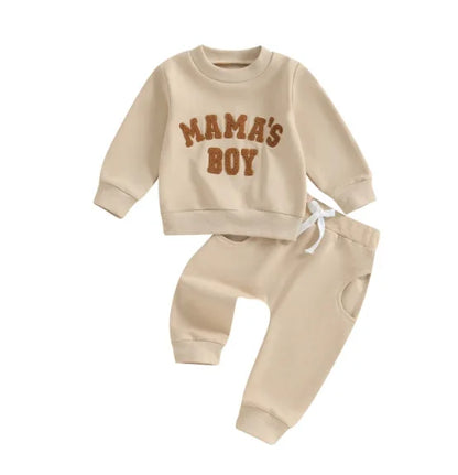 Autumn & Winter Newborn Baby ‘MAMA'S BOY’ Letter Embroidered Long Sleeved Pants Two-Piece Set