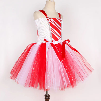 Girls Christmas Candy Cane Tutu Dress Outfits Red White Glittery Mrs Santa Claus Costume for Kids New Year Xmas Party Dresses