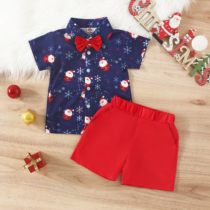 Toddler Boys Christmas Outfits Gentleman Sets For Kids Short Sleeve Deer Shirt and Red Shorts New Year Costume For Children Baby