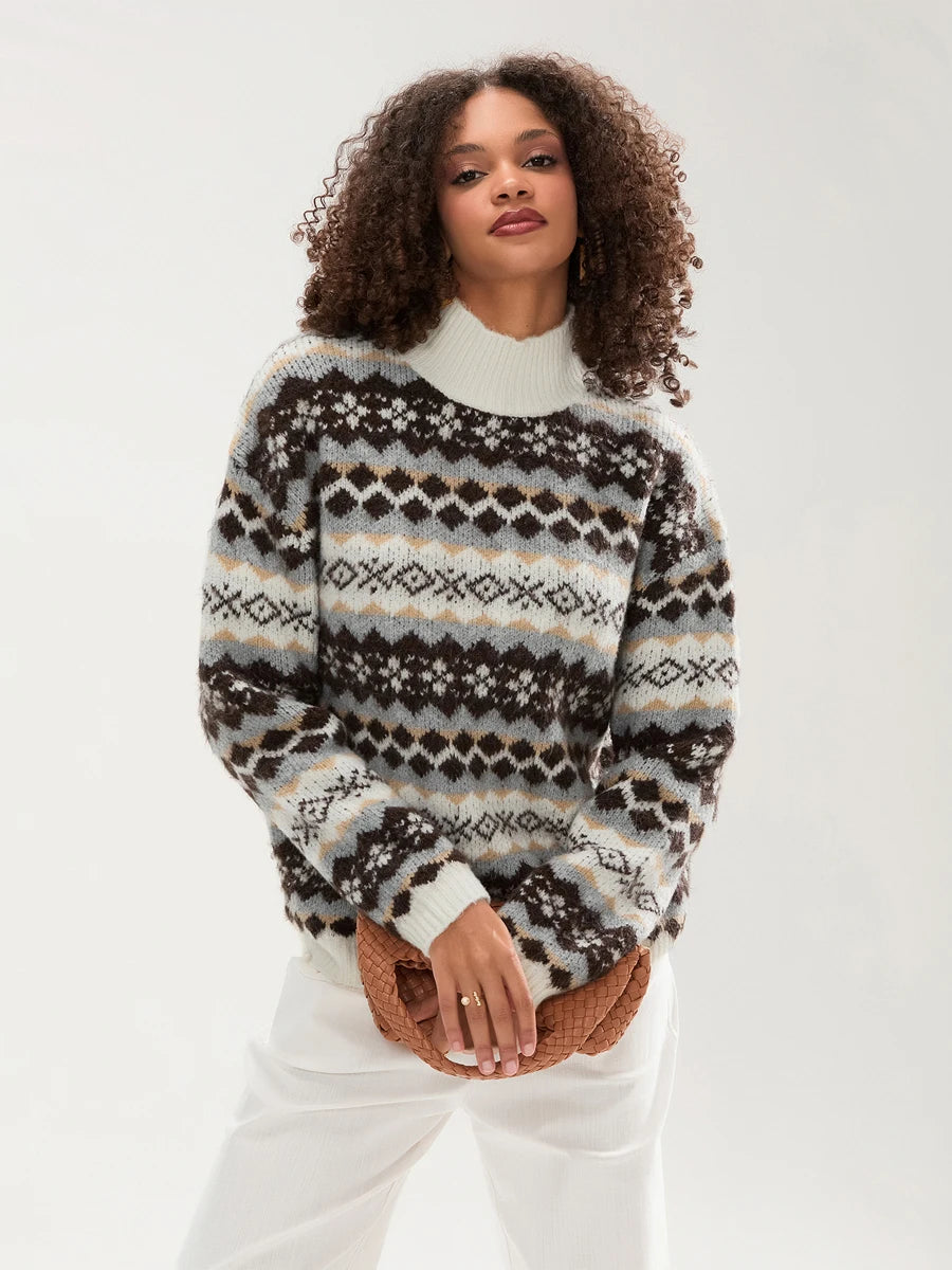 Women s Retro Print Fall Sweater Long Sleeve High Neck Loose Knitwear Winter Pullover