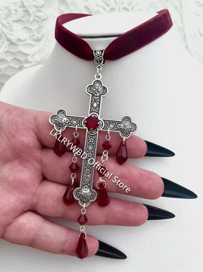 Large Cross Choker, Red Goth Choker, Gothic Cross, Goth Cross Velvet Choker, Red Velvet Choker with Cross, Velvet Cross Choker,