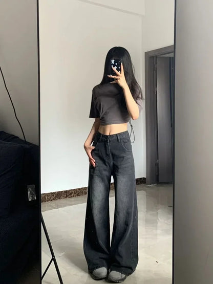 Vintage Black Jeans Women High Waist  Y2k 90s Streetwear Baggy Casual  Fashion Straight Washed Denim Trouser