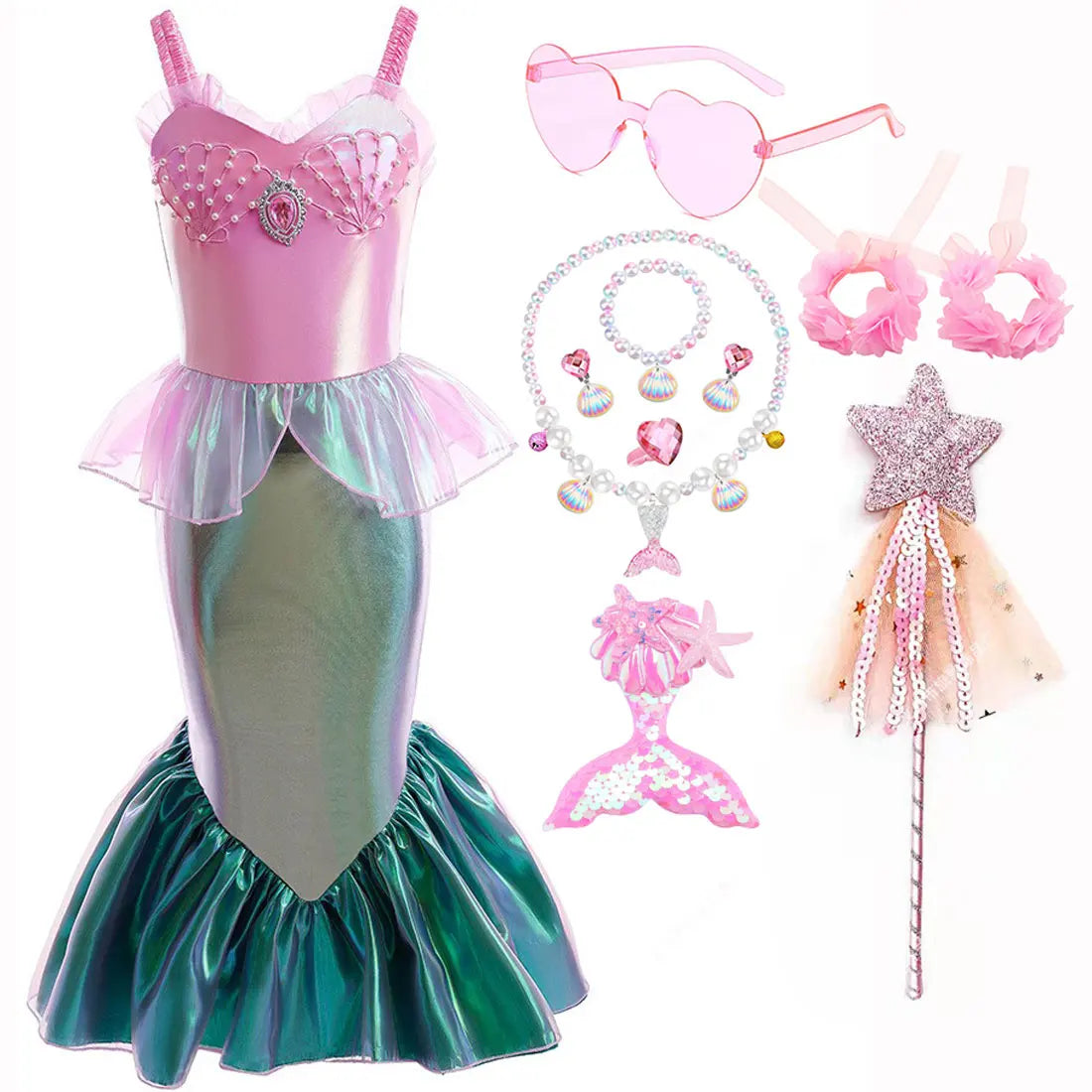 Disney Halloween Festival Mermaid Ariel Cosplay Dress for Girl Christmas Carnival Pink Pearl Inlay Clothing Ball Gown Dress Suit