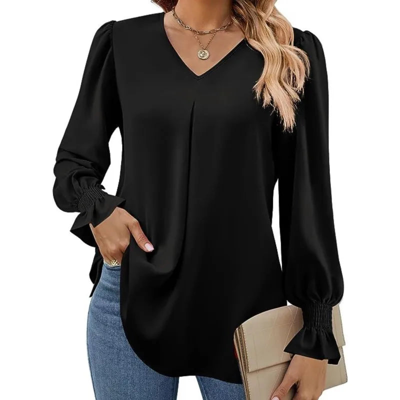 Women's New Solid Color Chiffon Shirt V-neck Pullover Flared Long Sleeved Top Shirt Office Lady Elegant Khaki Loose Blouses