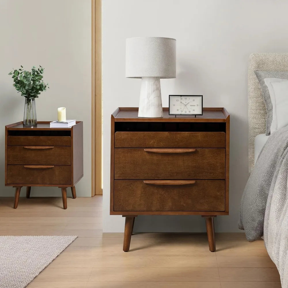 2 Drawer Nightstand with Charging Station,Mid-Century Modern Bedside Tables，Wood Night Stand with Pull-Out Shelf Set of 2,Walnut