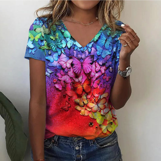 Women's T-shirts Fashion Tops V-neck Colorful Butterfly T Shirt Female Short Flowers Print Casual Tees Summer Oversized Clothes