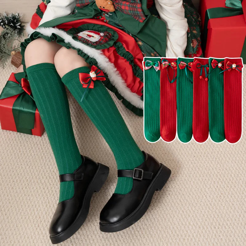 Baby Girls Christmas Socks Autumn Winter 2024 New Kids Cute Red Green 3D Bowknot Appliques Xmas Long Socks Fashion Children