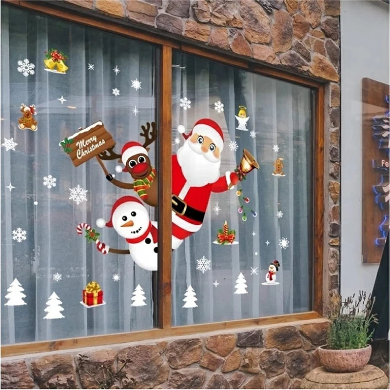 2024 Removable Christmas PVC Static Sticker Santa Elk Window Stickers Beautify Snowflake Wall Decals New Year Party Glass Paste