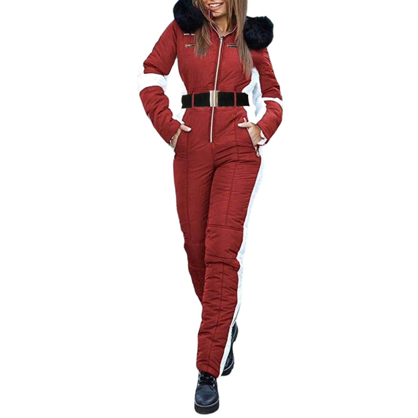 Women One Piece Ski Jumpsuit With Fur Collar Outdoor Sports Zipper Overalls Cotton Bodysuitski Suit Winter Hooded Parka Jumpsuit