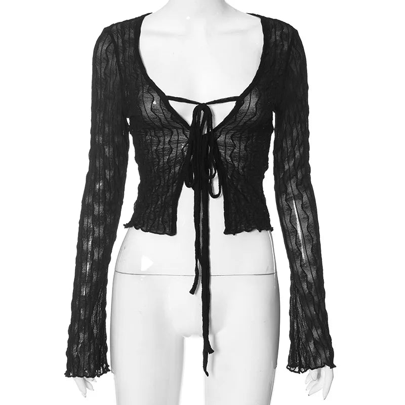 Goth Dark Folds Mall Gothic Lace Up Sexy Blouses Grunge Y2k Fairycore Long Sleeve T-shirts Female Transprent Skinny Fashion Tops