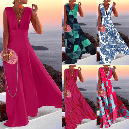 Women Elegant Long Dress Bohemian Boho Printed Sleeveless High Waist Beach Sundress V-Neck Large Swing Maxi Party Dress Vestidos