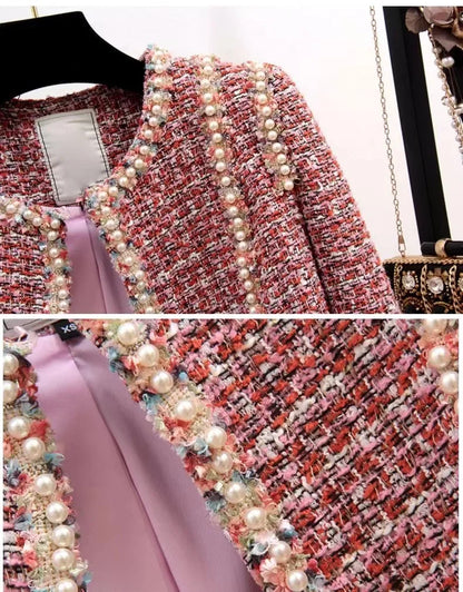 Women Elegant Tweed Luxury Suit Pearl Jacke Coat And Dress Two Piece Set Matching Outfit Winter Jacquard Pink Party Clothing