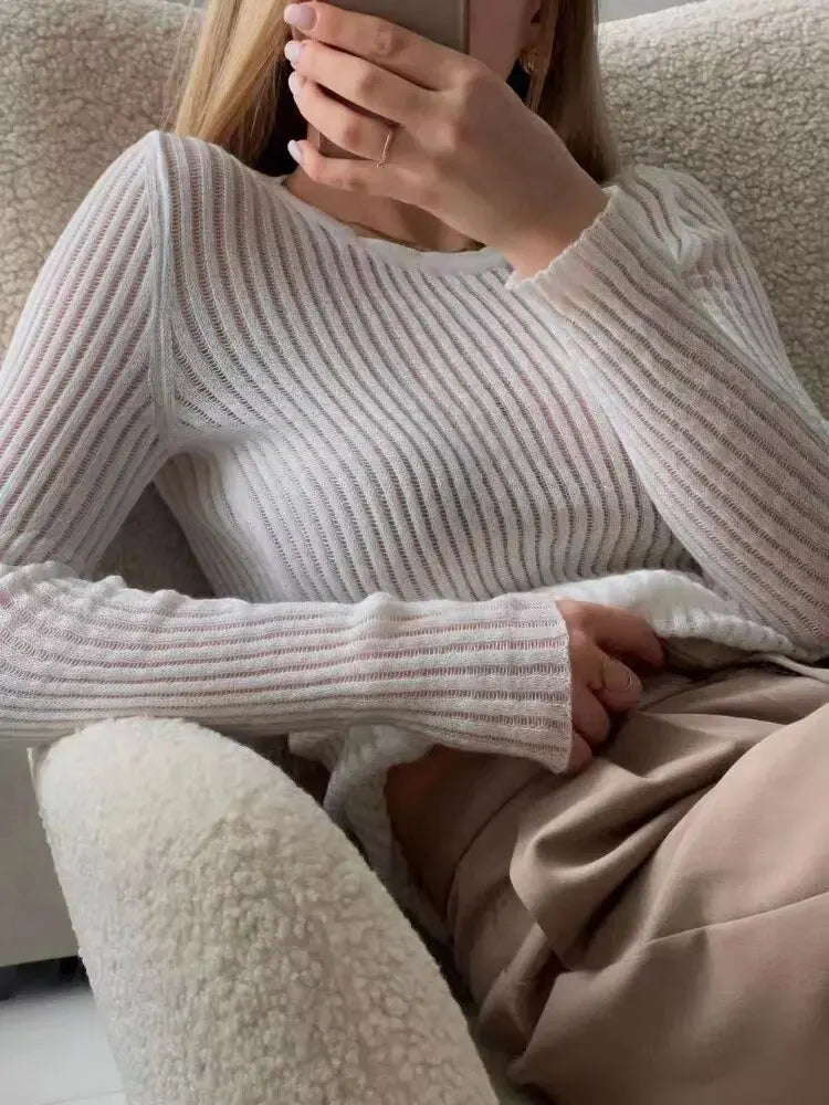 Solid Long sleeve round Neck Rib Knitted Cut Sweater