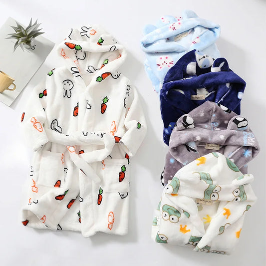 Winter Children Flannel Bath Robe Baby Cartoon Printed Hooded Bathrobe Baby Boy Girl Pajamas Kids Sleepwear Robe Nightgown