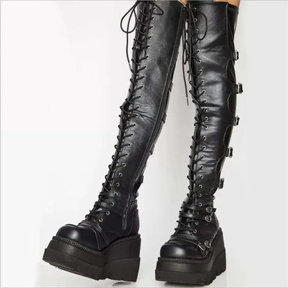 Gothic Thigh High Boots Women Platform Wedges Motorcycle Boot Over The Knee Army Stripper Heels Punk Lace-up Belt Buckle Long