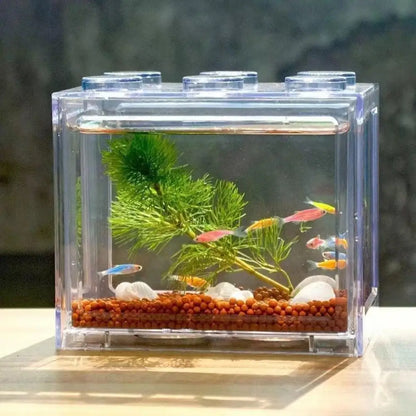 Fish Tank  Cute Building Block Design Desktop Mini Aquarium  Plastic Desktop Fish Tank Fish Pond Pet Box Пейзаж Аквариума