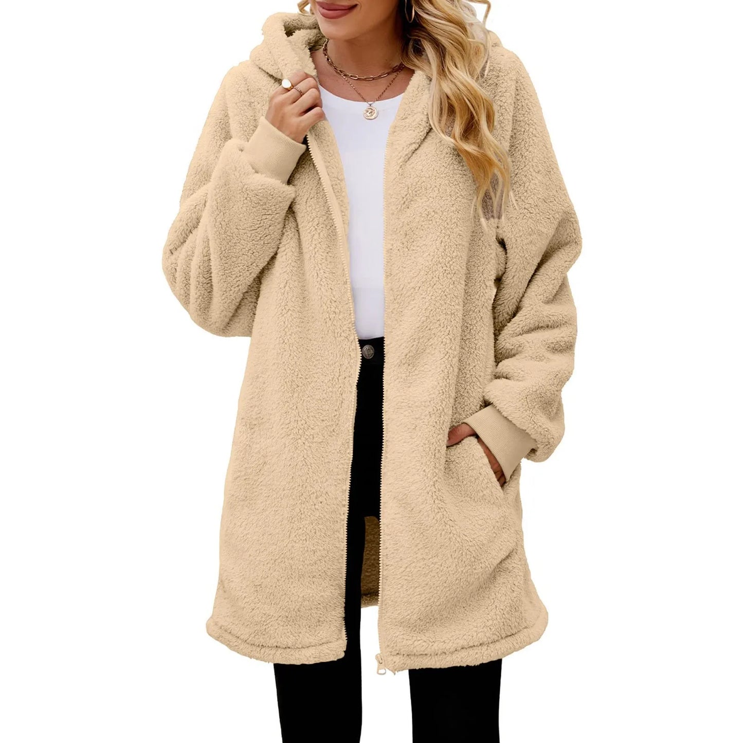 Women's Oversized Plush Jacket Solid Color Zippers Hooded Streetwear Cardigan Autumn And Winter Fleece Outerwear Chaquetas