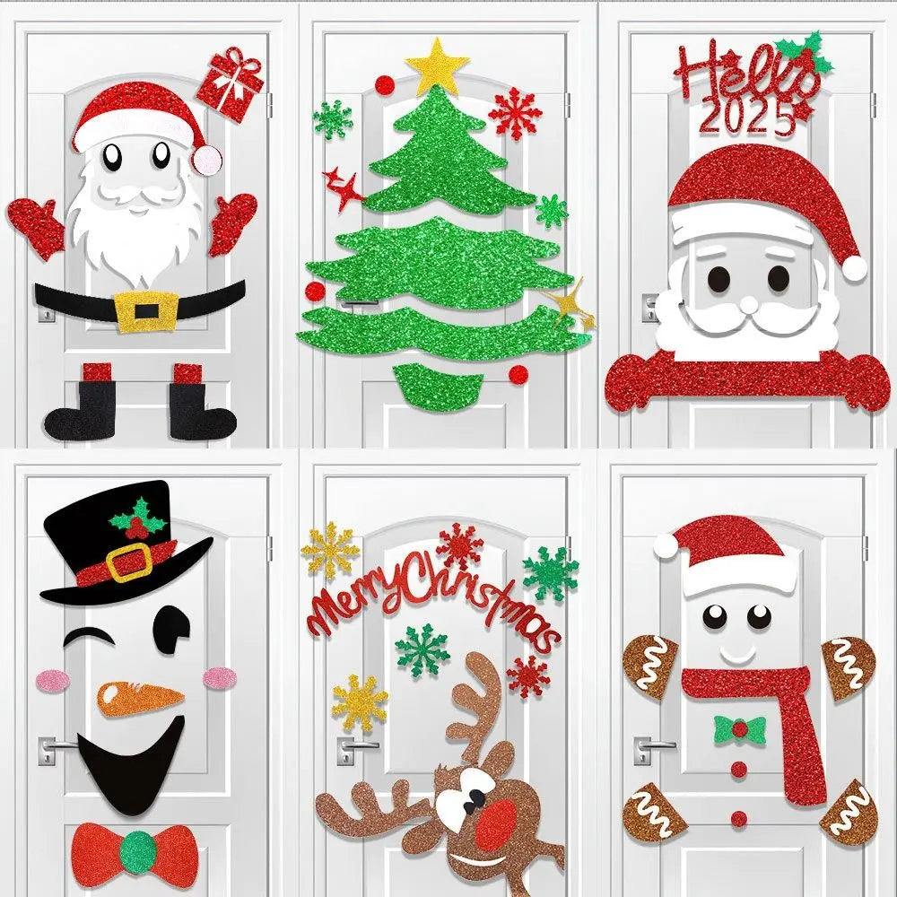 2 Set Cartoon Christmas Felt Door Sticker Funny Elk Christmas Tree Snowman Santa Claus Window Sticker Exquisite