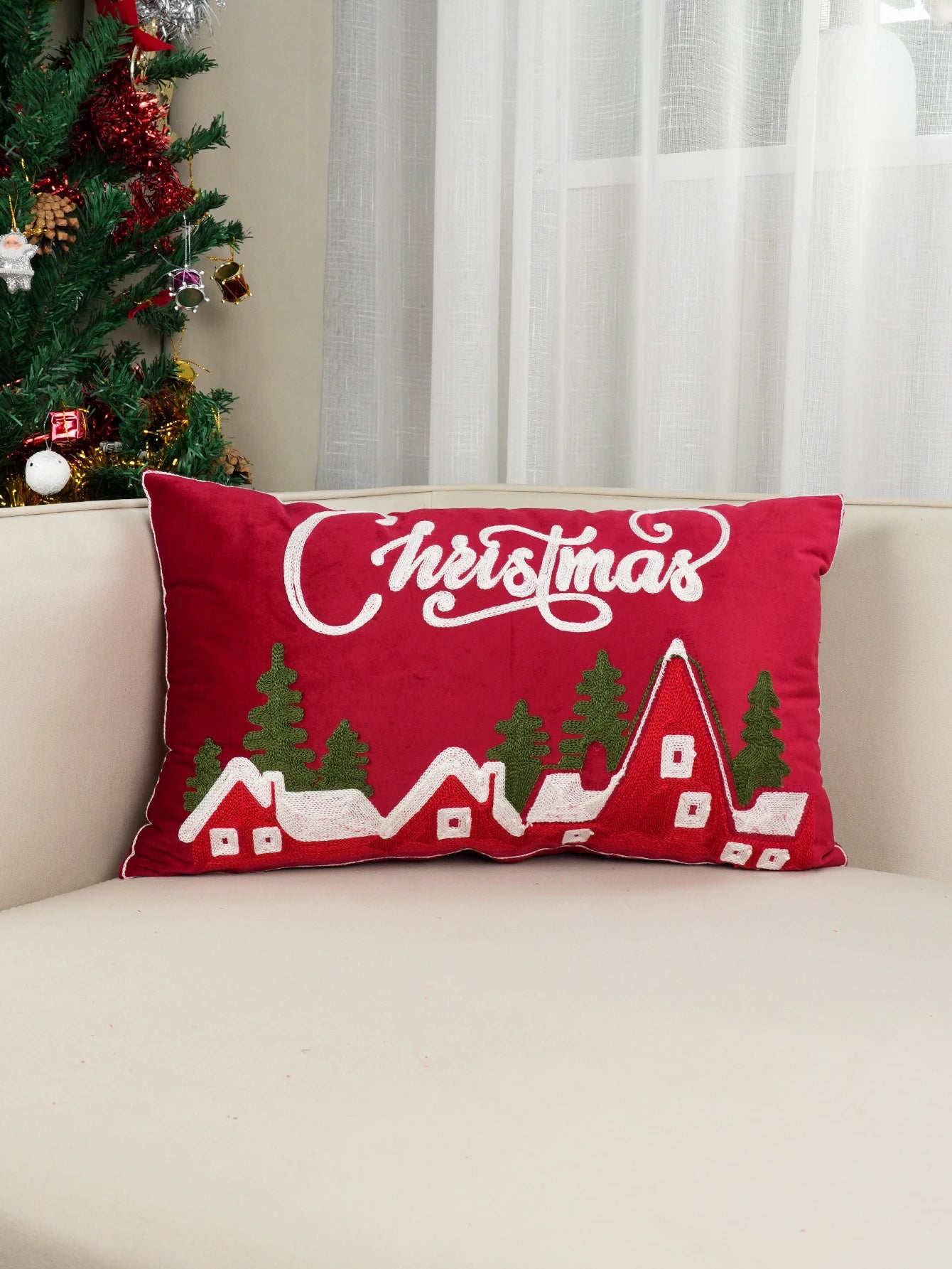 1pc Red Dutch Velvet Christmas Embroidery Cushion Pillow Case, Dormitory Bedroom Sofa Home Decoration