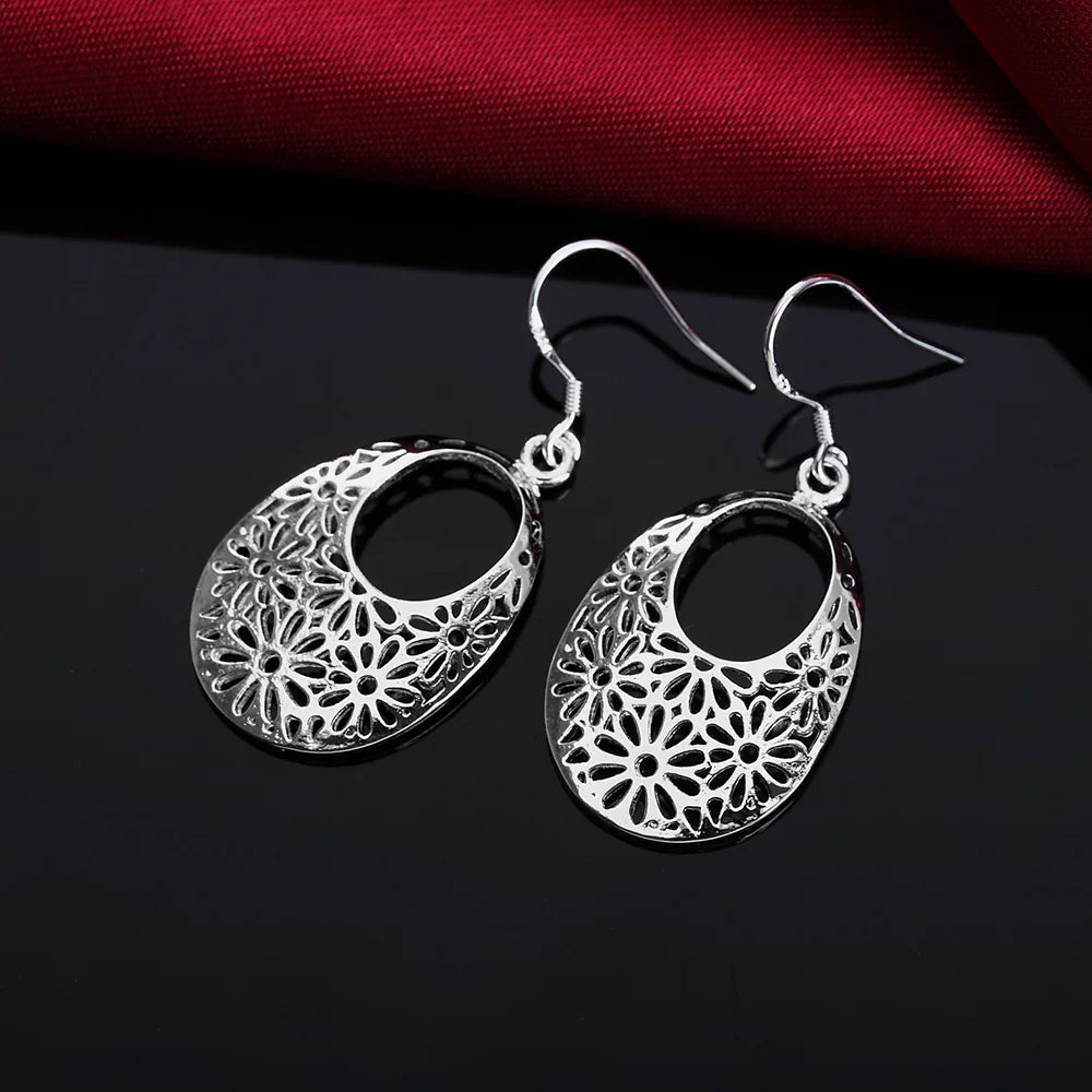 Grace 925 Sterling Silver Carved oval Earrings for Women Retro classic Jewelry fashion party wedding Holiday gifts